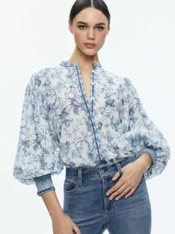 Alice and Olivia April Pleated Blouson Sleeve Top-Women Tops