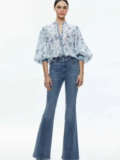 Alice and Olivia April Pleated Blouson Sleeve Top-Women Tops