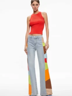 Alice and Olivia Beautiful Vegan Leather Patchwork Flare Jean-Women Pants