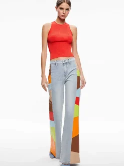 Alice and Olivia Beautiful Vegan Leather Patchwork Flare Jean-Women Pants