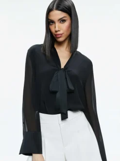 Alice and Olivia Brady Oversized Button Down With Bow Tie-Women Tops