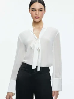 Alice and Olivia Brady Oversized Button Down With Bow Tie-Women Tops