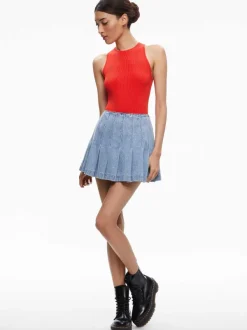 Alice and Olivia Carter Pleated Denim Mini Skirt-Women Skirts