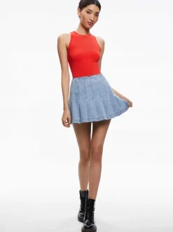 Alice and Olivia Carter Pleated Denim Mini Skirt-Women Skirts