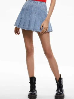 Alice and Olivia Carter Pleated Denim Mini Skirt-Women Skirts