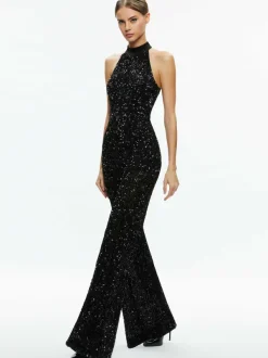 Alice and Olivia Cataline Sequin High Neck Wide Leg Jumpsuit-Women Jumpsuits