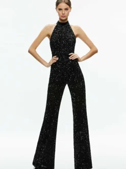 Alice and Olivia Cataline Sequin High Neck Wide Leg Jumpsuit-Women Jumpsuits