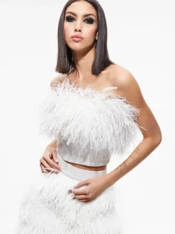 Alice and Olivia Ceresi Feather Top + Cina Feather Mini Skirt-Women Matching Sets