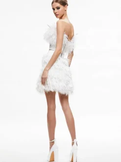 Alice and Olivia Ceresi Feather Top + Cina Feather Mini Skirt-Women Matching Sets