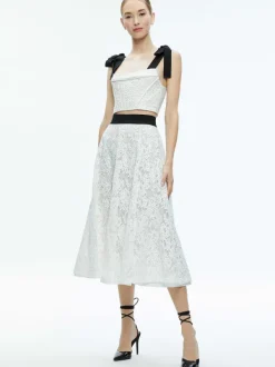 Alice and Olivia Clara Bow Strap Bustier Crop Top + Earla Lace Midi Skirt-Women Matching Sets
