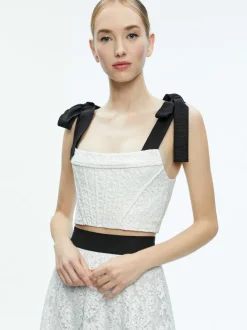 Alice and Olivia Clara Bow Strap Bustier Crop Top + Earla Lace Midi Skirt-Women Matching Sets