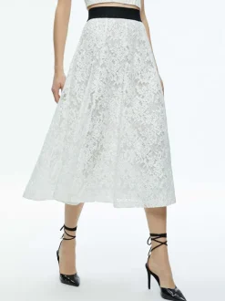 Alice and Olivia Clara Bow Strap Bustier Crop Top + Earla Lace Midi Skirt-Women Matching Sets