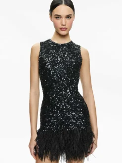 Alice and Olivia Coley Embellished Feather Trim Mini Dress-Women Dresses