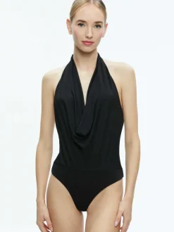 Alice and Olivia Dani Halter Deep Cowl Neck Bodysuit-Women Tops