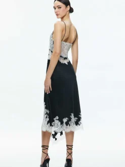 Alice and Olivia Daphne Lace Asymmetrical Slit Midi Dress-Women Dresses