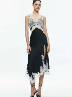 Alice and Olivia Daphne Lace Asymmetrical Slit Midi Dress-Women Dresses