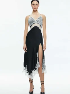 Alice and Olivia Daphne Lace Asymmetrical Slit Midi Dress-Women Dresses