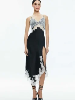 Alice and Olivia Daphne Lace Asymmetrical Slit Midi Dress-Women Dresses