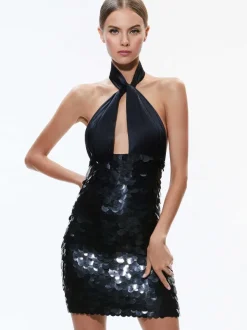 Alice and Olivia Dedra Embellished Twist Neck Mini Dress-Women Dresses