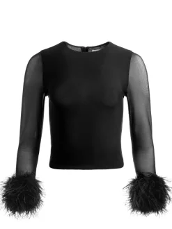 Alice and Olivia Delaina Feather Cuff Sleeve Top-Women Tops
