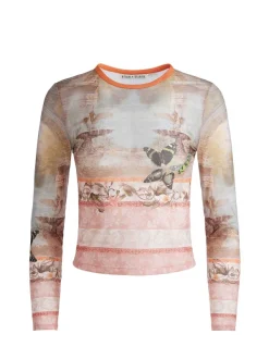 Alice and Olivia Delaina Printed Mesh Long Sleeve Crop Top-Women Tops