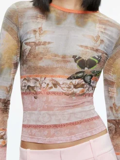 Alice and Olivia Delaina Printed Mesh Long Sleeve Crop Top-Women Tops