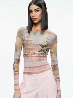 Alice and Olivia Delaina Printed Mesh Long Sleeve Crop Top-Women Tops