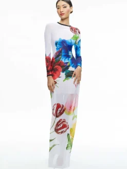 Alice and Olivia Delora Long Sleeve Crew Neck Maxi Dress-Women Dresses