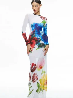 Alice and Olivia Delora Long Sleeve Crew Neck Maxi Dress-Women Dresses