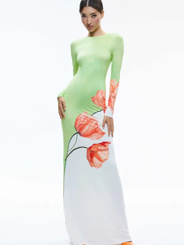 Alice and Olivia Delora Open Back Crew Neck Maxi Dress-Women Dresses