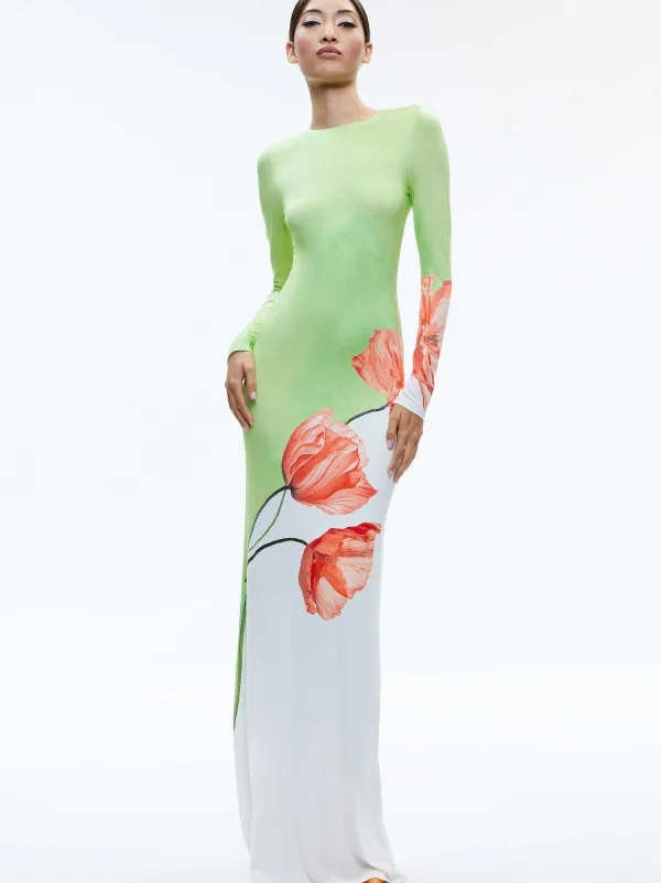 Alice and Olivia Delora Open Back Crew Neck Maxi Dress-Women Dresses