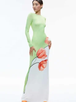 Alice and Olivia Delora Open Back Crew Neck Maxi Dress-Women Dresses