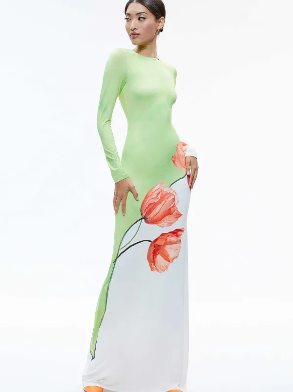 Alice and Olivia Delora Open Back Crew Neck Maxi Dress-Women Dresses