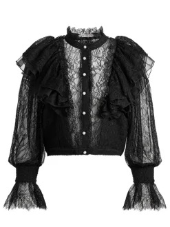 Alice and Olivia Delpha Ruffle Lace Blouson Sleeve Cropped Top-Women Tops