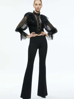 Alice and Olivia Delpha Ruffle Lace Blouson Sleeve Cropped Top-Women Tops