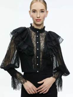 Alice and Olivia Delpha Ruffle Lace Blouson Sleeve Cropped Top-Women Tops
