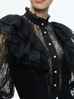 Alice and Olivia Delpha Ruffle Lace Blouson Sleeve Cropped Top-Women Tops