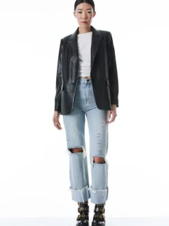 Alice and Olivia Denny Vegan Leather Notch Collar Blazer-Women Jackets + Coats