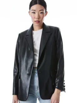 Alice and Olivia Denny Vegan Leather Notch Collar Blazer-Women Jackets + Coats