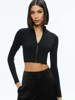 Alice and Olivia Dorris Ribbed Zip Up Cardigan-Women Sweaters