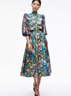 Alice and Olivia Earla Vegan Leather Flare Skirt + Ilan Smocked Sleeve Button Front Blouse-Women Matching Sets