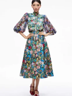 Alice and Olivia Earla Vegan Leather Flare Skirt + Ilan Smocked Sleeve Button Front Blouse-Women Matching Sets