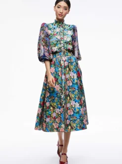 Alice and Olivia Earla Vegan Leather Flare Skirt + Ilan Smocked Sleeve Button Front Blouse-Women Matching Sets