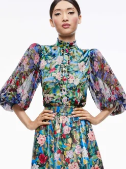 Alice and Olivia Earla Vegan Leather Flare Skirt + Ilan Smocked Sleeve Button Front Blouse-Women Matching Sets