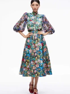 Alice and Olivia Earla Vegan Leather Flare Skirt + Ilan Smocked Sleeve Button Front Blouse-Women Matching Sets