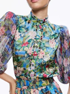 Alice and Olivia Earla Vegan Leather Flare Skirt + Ilan Smocked Sleeve Button Front Blouse-Women Matching Sets