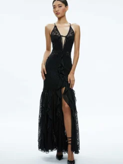 Alice and Olivia Edera Ruffle Lace Maxi Gown-Women Dresses