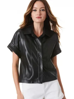 Alice and Olivia Edyth Vegan Leather Button Down-Women Tops