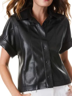 Alice and Olivia Edyth Vegan Leather Button Down-Women Tops