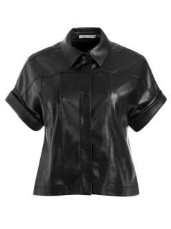 Alice and Olivia Edyth Vegan Leather Button Down-Women Tops